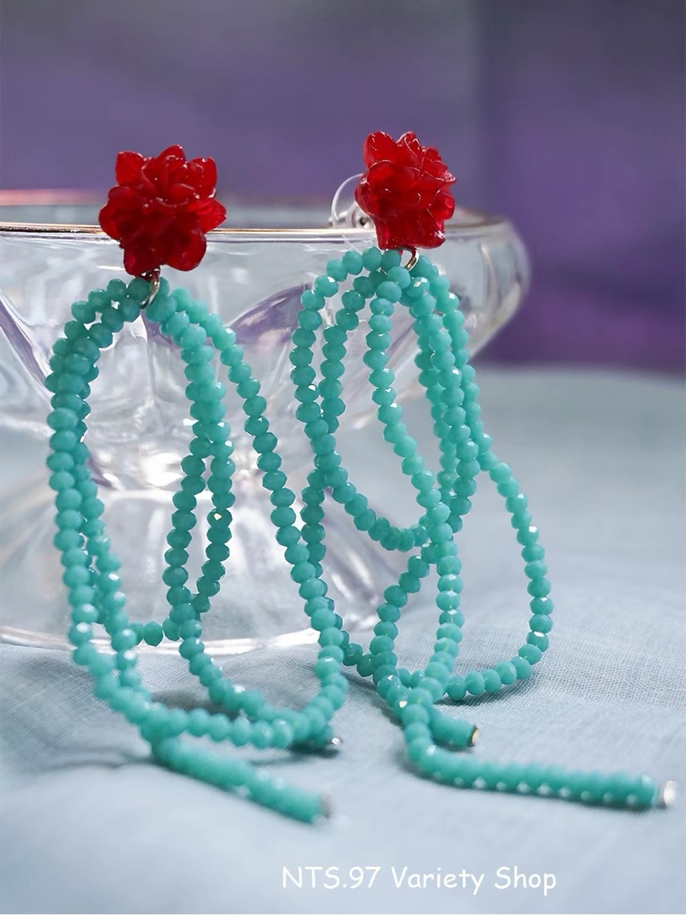 Red Flower Top Turquoise Beaded Loop Earrings